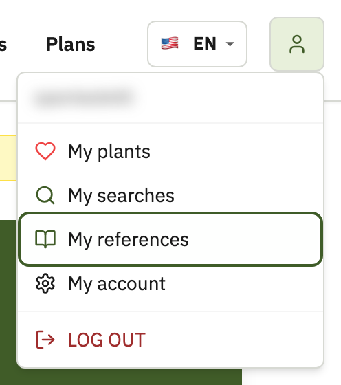 Account menu open with My references highlighted