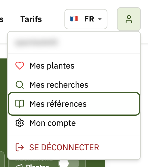 Menu compte ouvert avec l’entrée Mes références mise en évidence