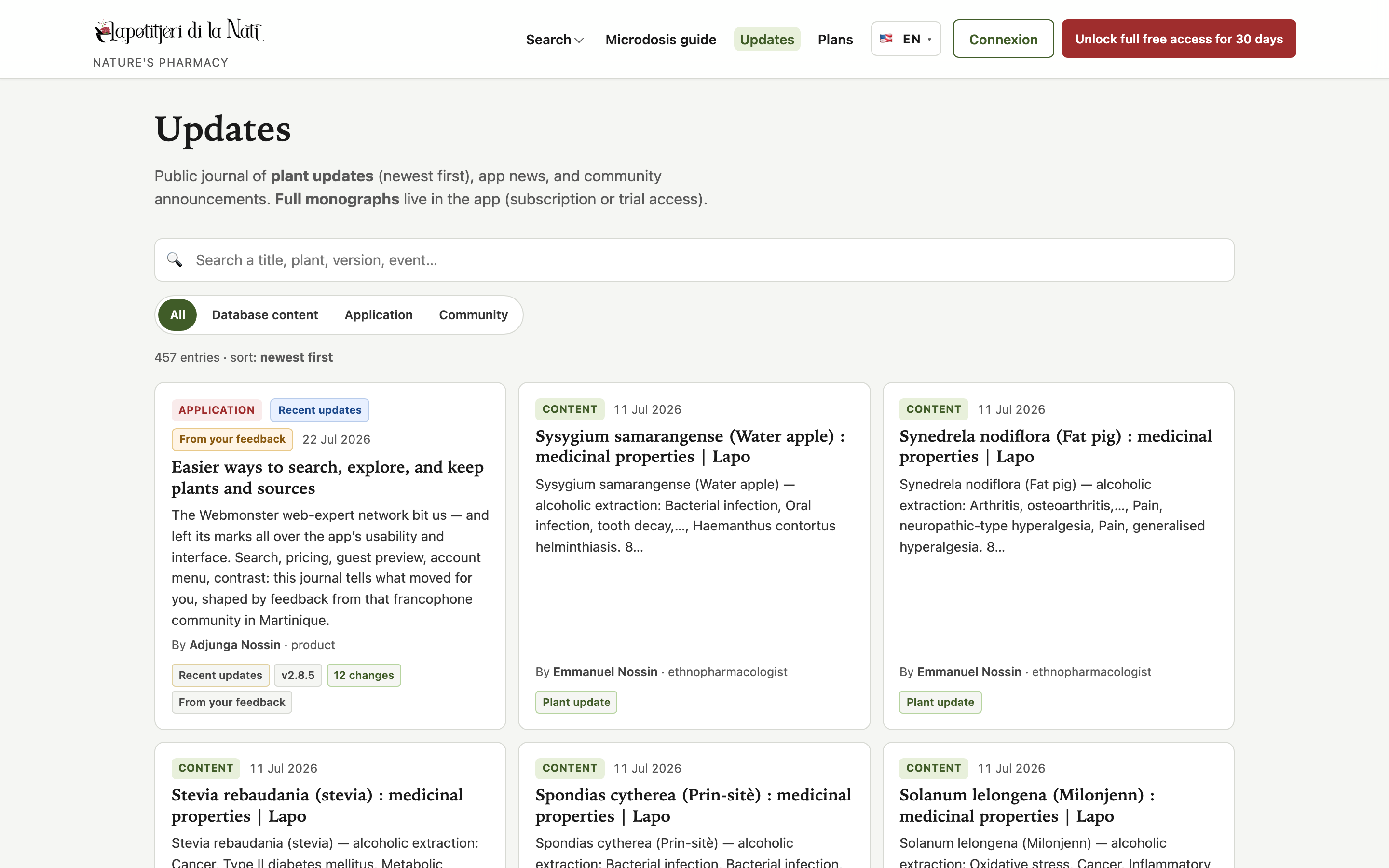 Updates: search bar, filters, and plant-update cards