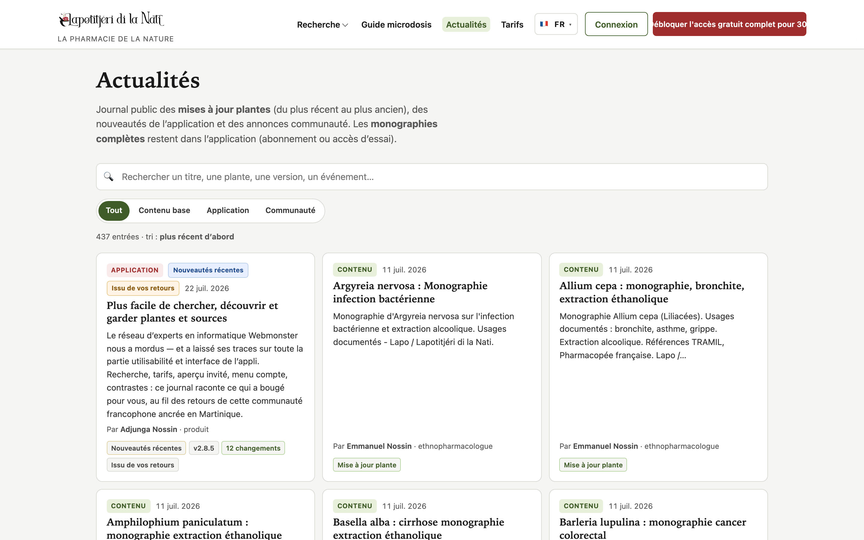 Actualités : barre de recherche, filtres et cartes de mises à jour plantes