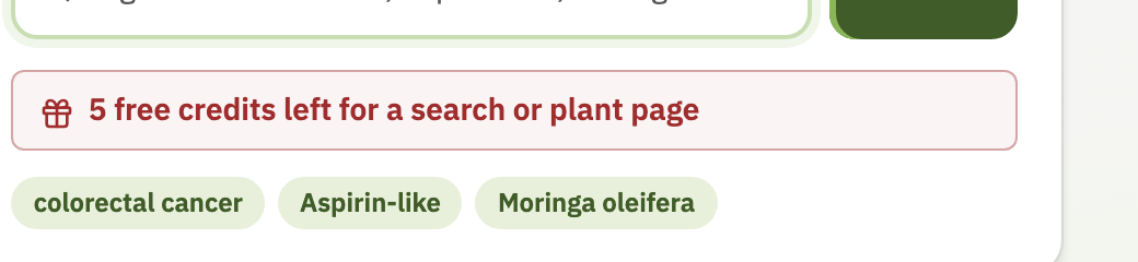 Banner showing 5 credits left for a free search or plant page