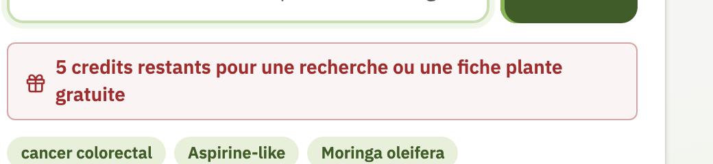 Bandeau indiquant 5 crédits restants pour une recherche ou une fiche plante gratuite