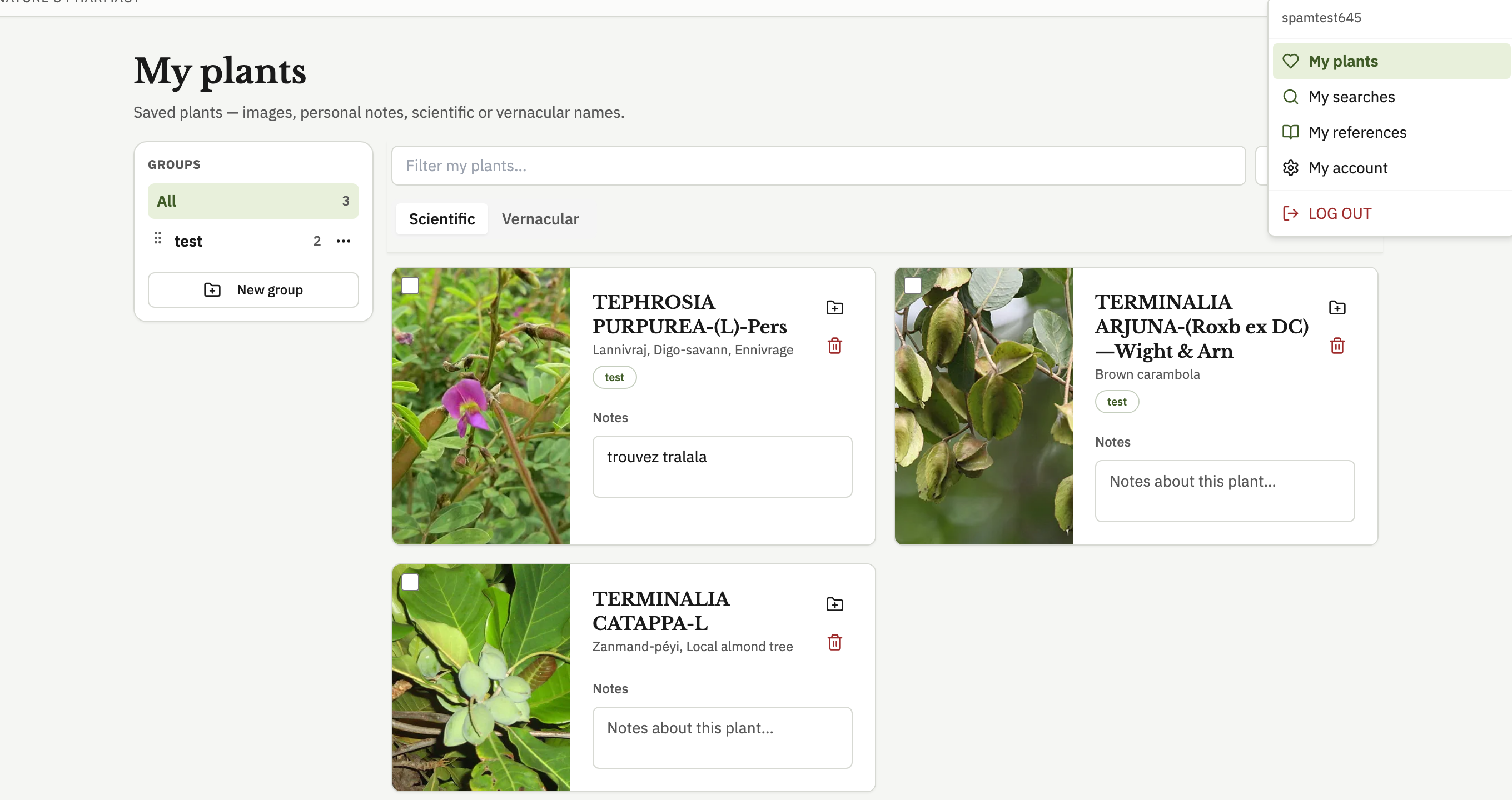 My plants page with the groups column