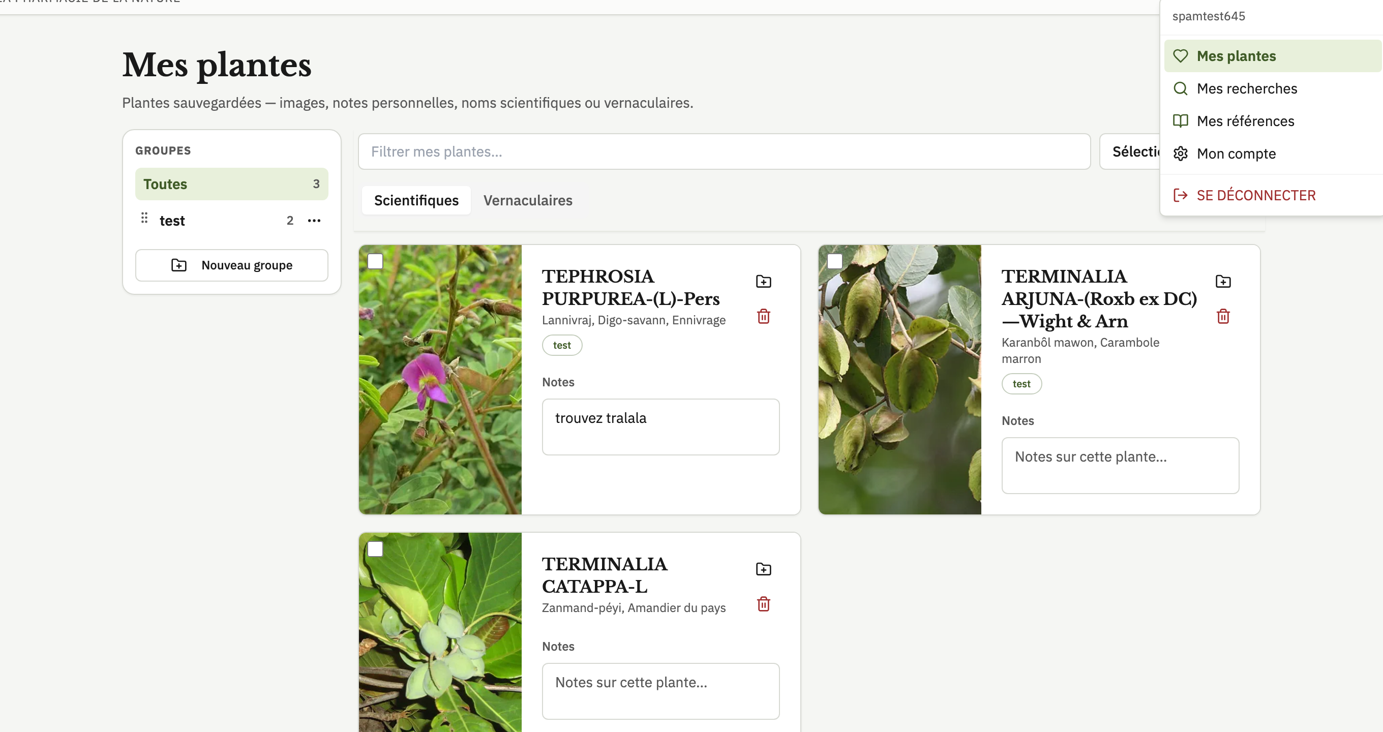 Page Mes plantes avec la colonne des groupes