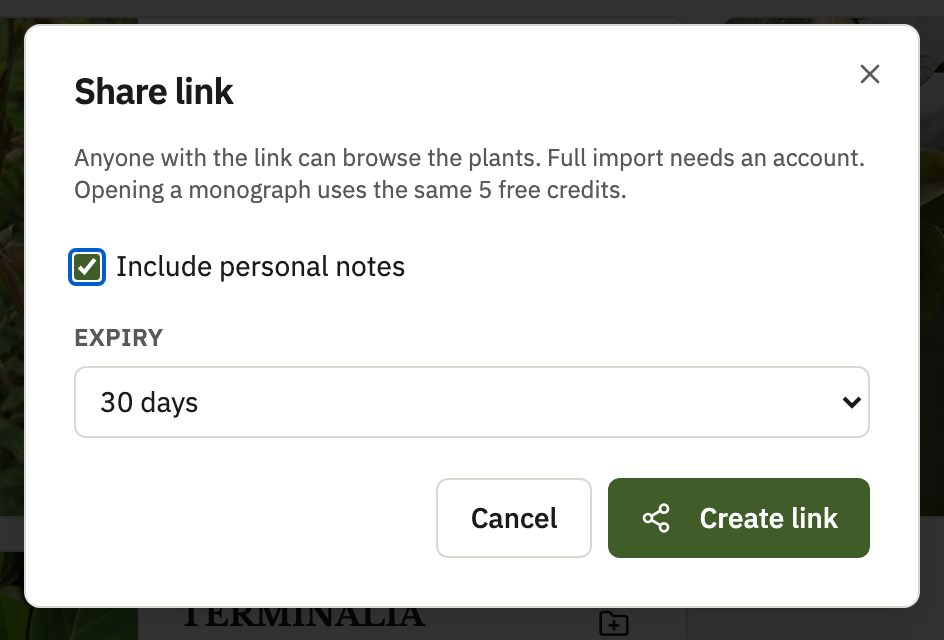 Dialog to create a group share link