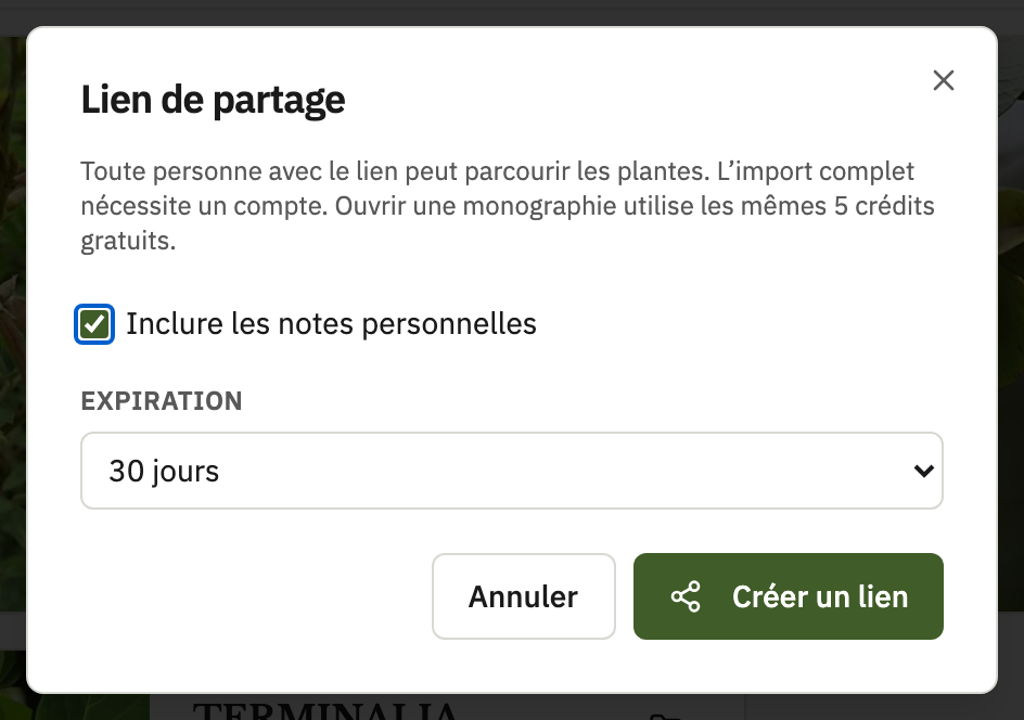 Boîte de dialogue de création d’un lien de partage de groupe