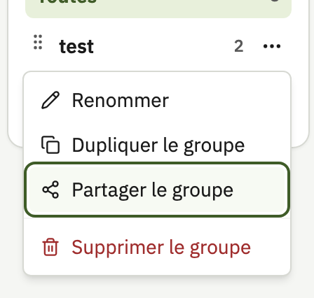 Menu ⋮ d’un groupe avec Partager le groupe mis en évidence