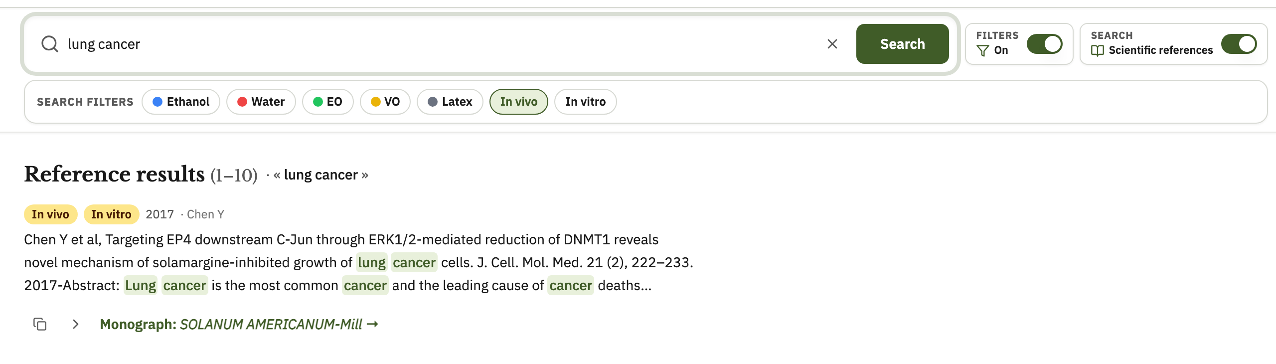 Search “lung cancer”, In vivo filter on, result with chips and keyword highlight
