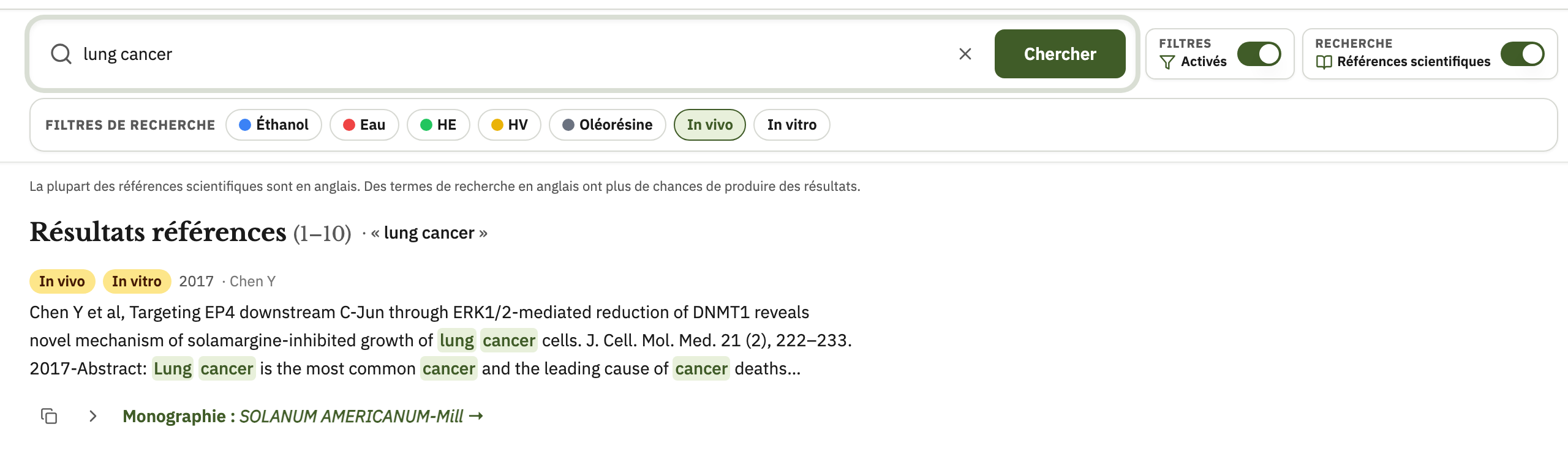 Recherche « lung cancer », filtre In vivo actif, résultat avec pastilles et surlignage des mots-clés