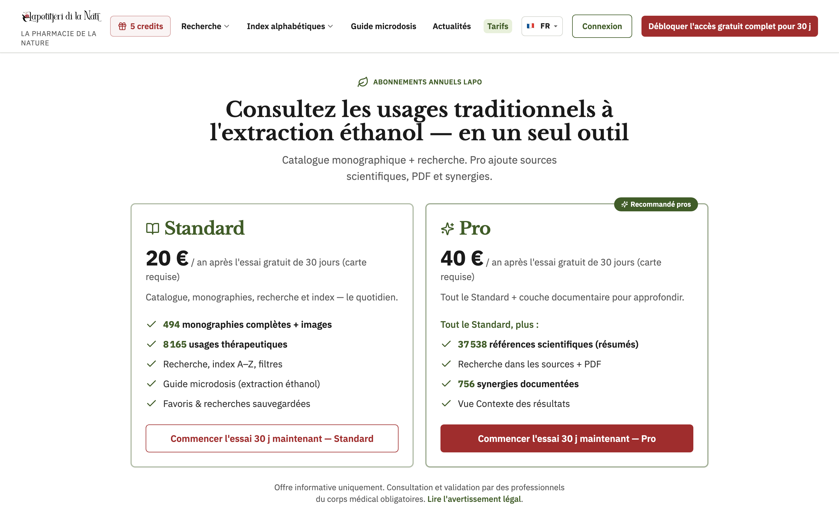 Page Tarifs sur ordinateur