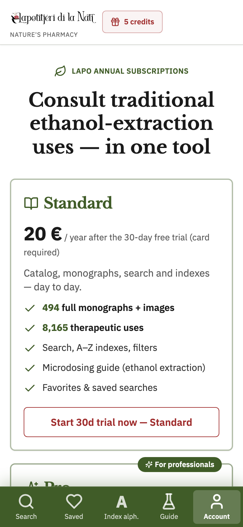 Pricing page on phone