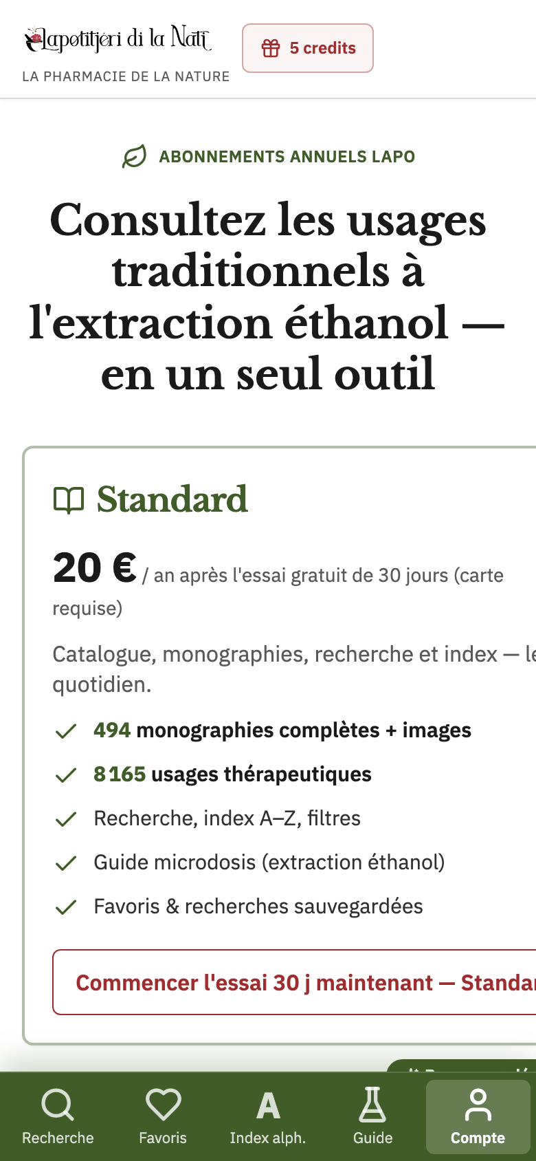 Page Tarifs sur téléphone
