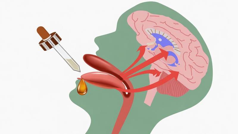 Diagram: head tilted back, drop under the tongue, absorption toward the brain